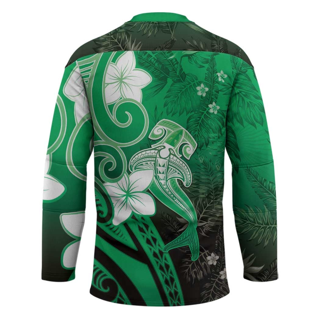 Polynesia Hammerhead Shark Hockey Jersey Green Tribal Pattern With Plumeria - Polynesian Pride
