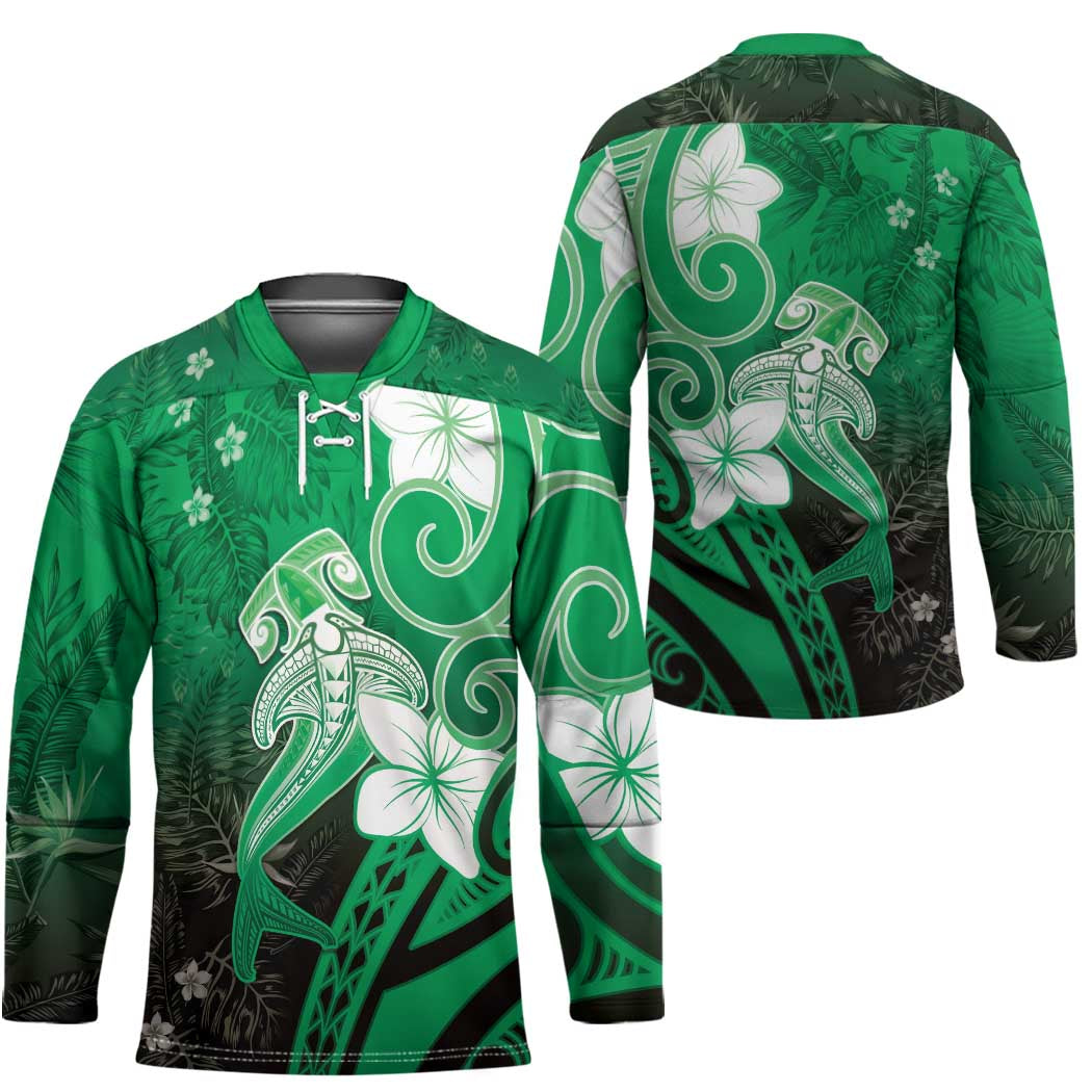 Polynesia Hammerhead Shark Hockey Jersey Green Tribal Pattern With Plumeria - Polynesian Pride