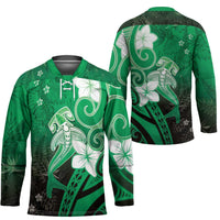 Polynesia Hammerhead Shark Hockey Jersey Green Tribal Pattern With Plumeria - Polynesian Pride