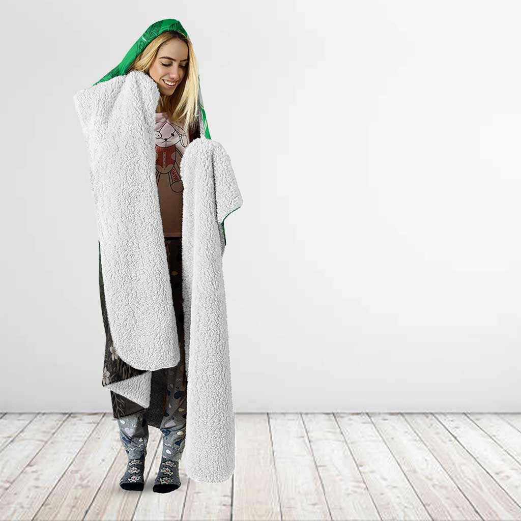 Polynesia Hammerhead Shark Hooded Blanket Green Tribal Pattern With Plumeria - Polynesian Pride