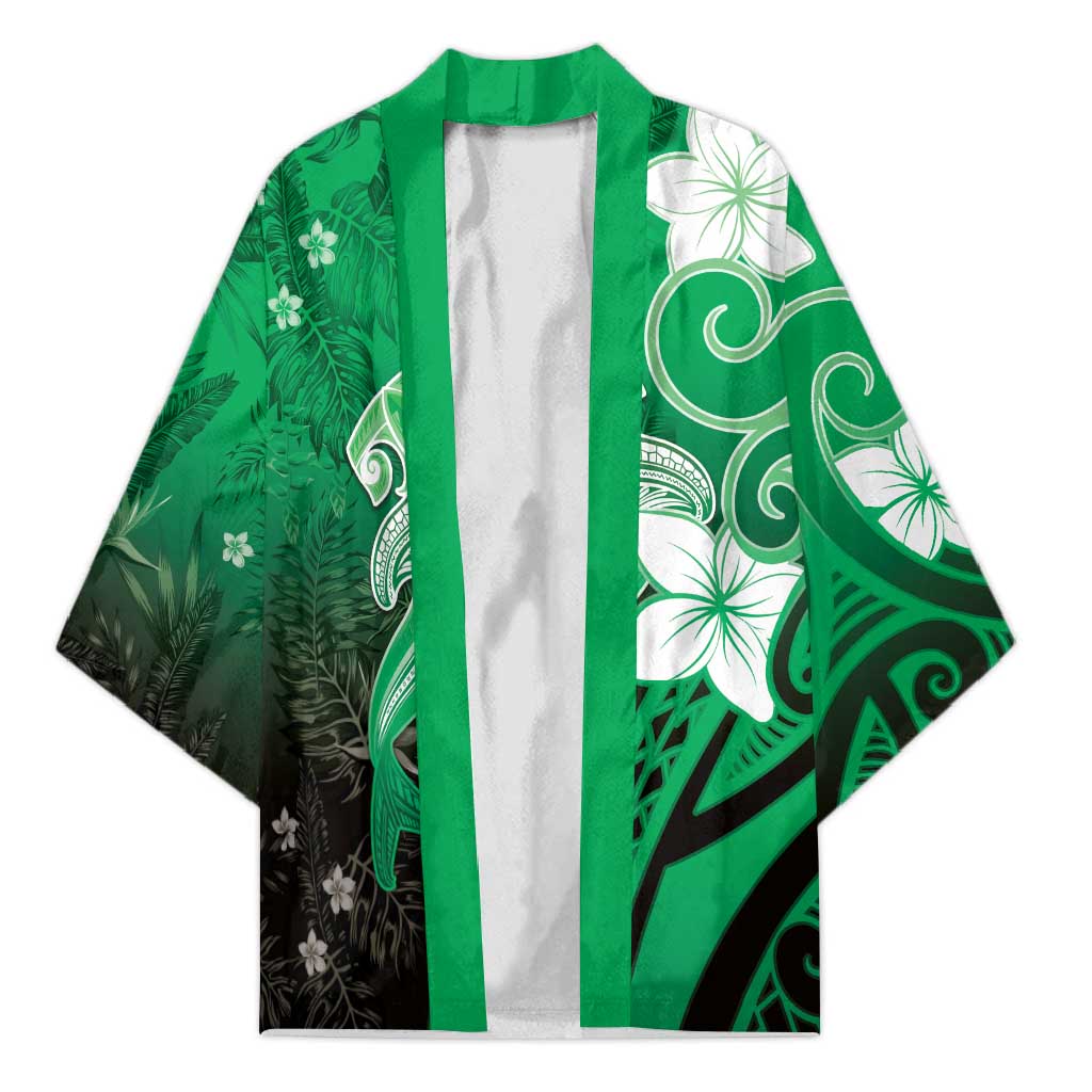 Polynesia Hammerhead Shark Kimono Green Tribal Pattern With Plumeria - Polynesian Pride
