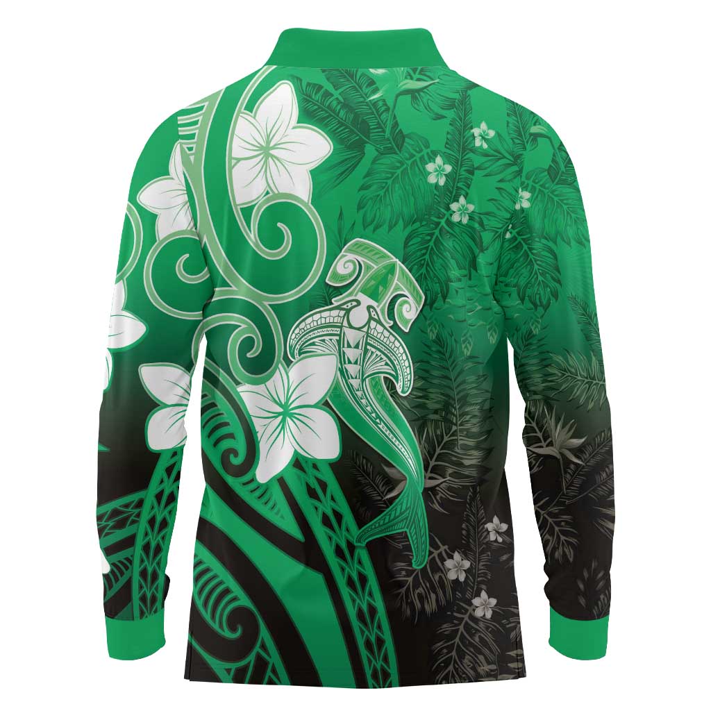 Polynesia Hammerhead Shark Long Sleeve Polo Shirt Green Tribal Pattern With Plumeria - Polynesian Pride