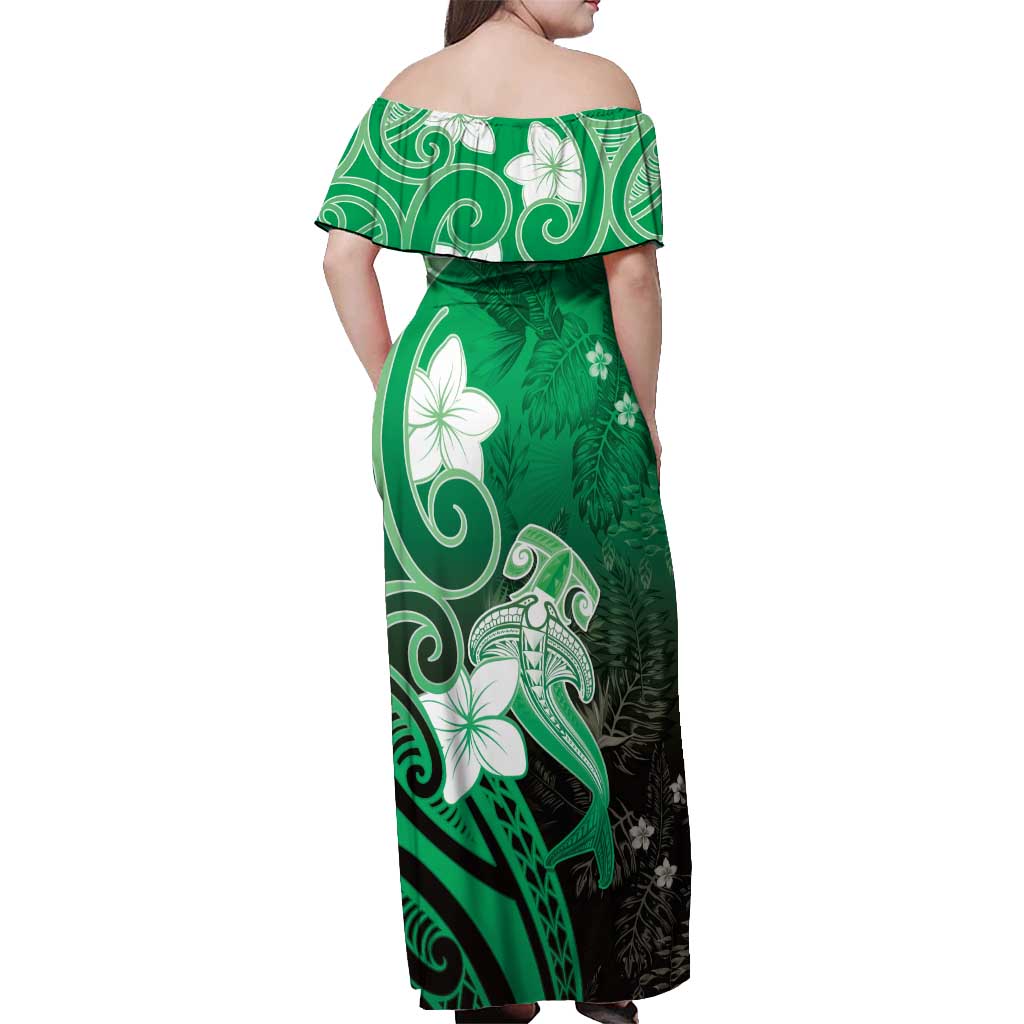 Polynesia Hammerhead Shark Off Shoulder Maxi Dress Green Tribal Pattern With Plumeria LT05 - Polynesian Pride