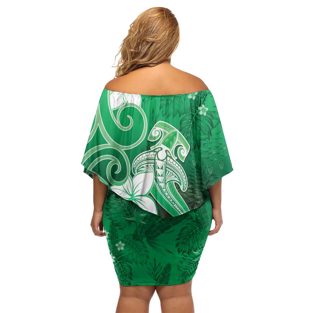 Polynesia Hammerhead Shark Off Shoulder Short Dress Green Tribal Pattern With Plumeria - Polynesian Pride