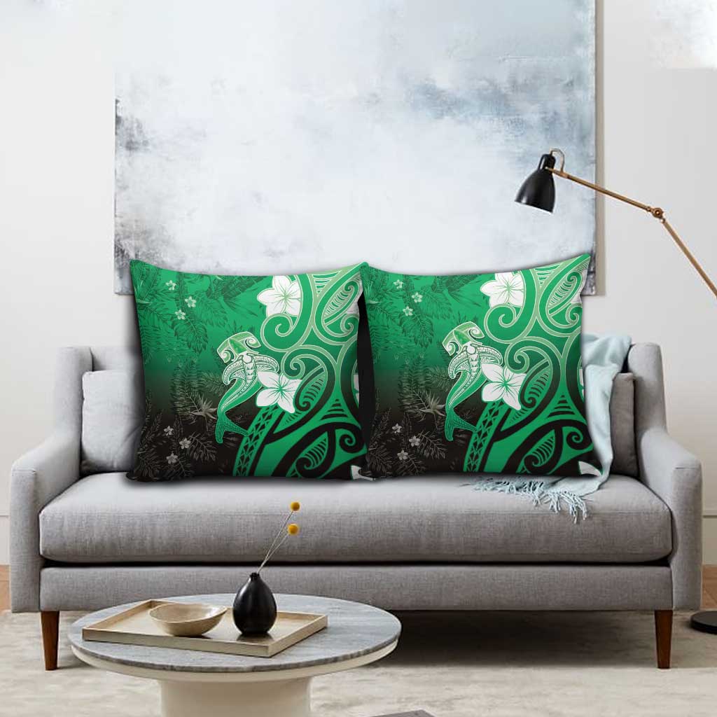 Polynesia Hammerhead Shark Pillow Cover Green Tribal Pattern With Plumeria - Polynesian Pride