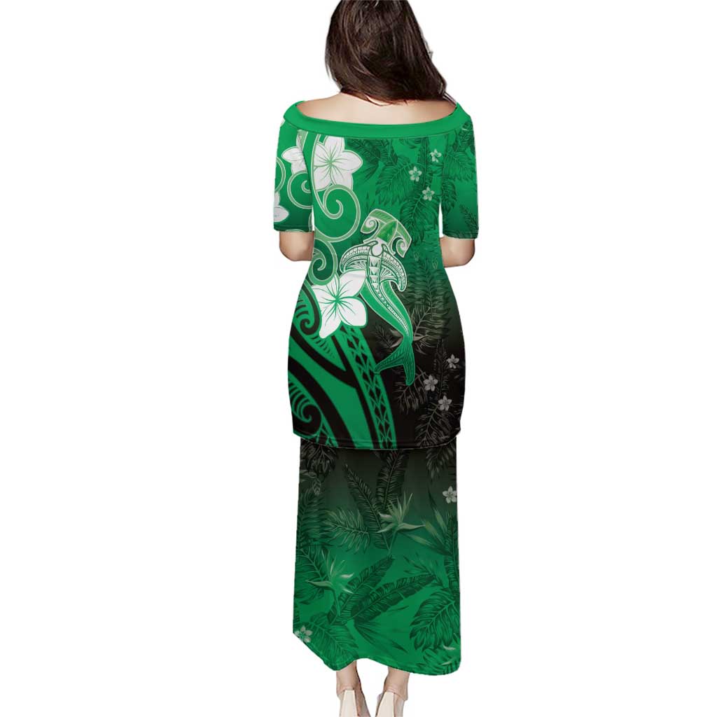 Polynesia Hammerhead Shark Puletasi Green Tribal Pattern With Plumeria - Polynesian Pride