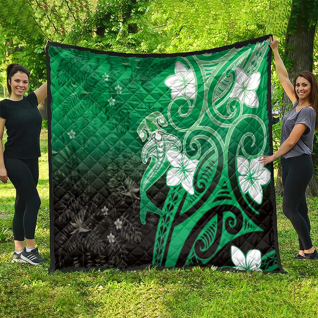 Polynesia Hammerhead Shark Quilt Green Tribal Pattern With Plumeria LT05 - Polynesian Pride