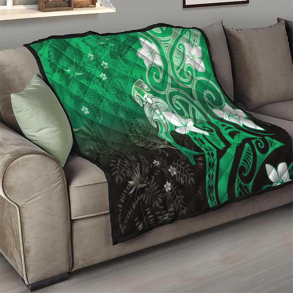 Polynesia Hammerhead Shark Quilt Green Tribal Pattern With Plumeria LT05 - Polynesian Pride