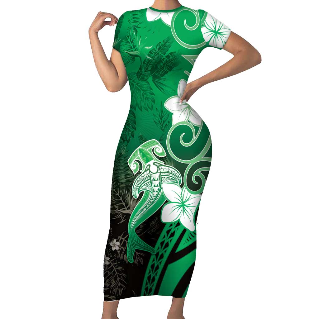 Polynesia Hammerhead Shark Short Sleeve Bodycon Dress Green Tribal Pattern With Plumeria - Polynesian Pride