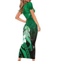 Polynesia Hammerhead Shark Short Sleeve Bodycon Dress Green Tribal Pattern With Plumeria - Polynesian Pride