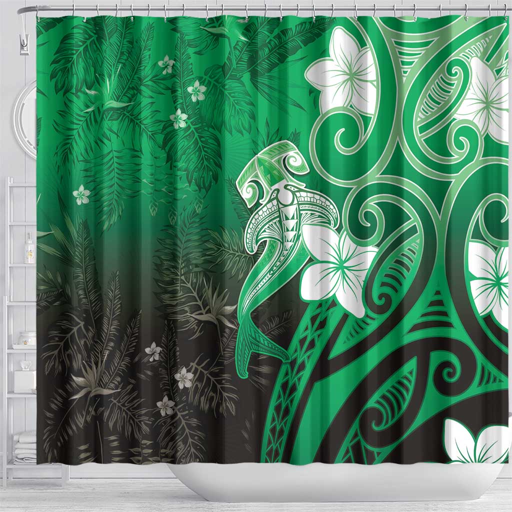 Polynesia Hammerhead Shark Shower Curtain Green Tribal Pattern With Plumeria LT05 - Polynesian Pride