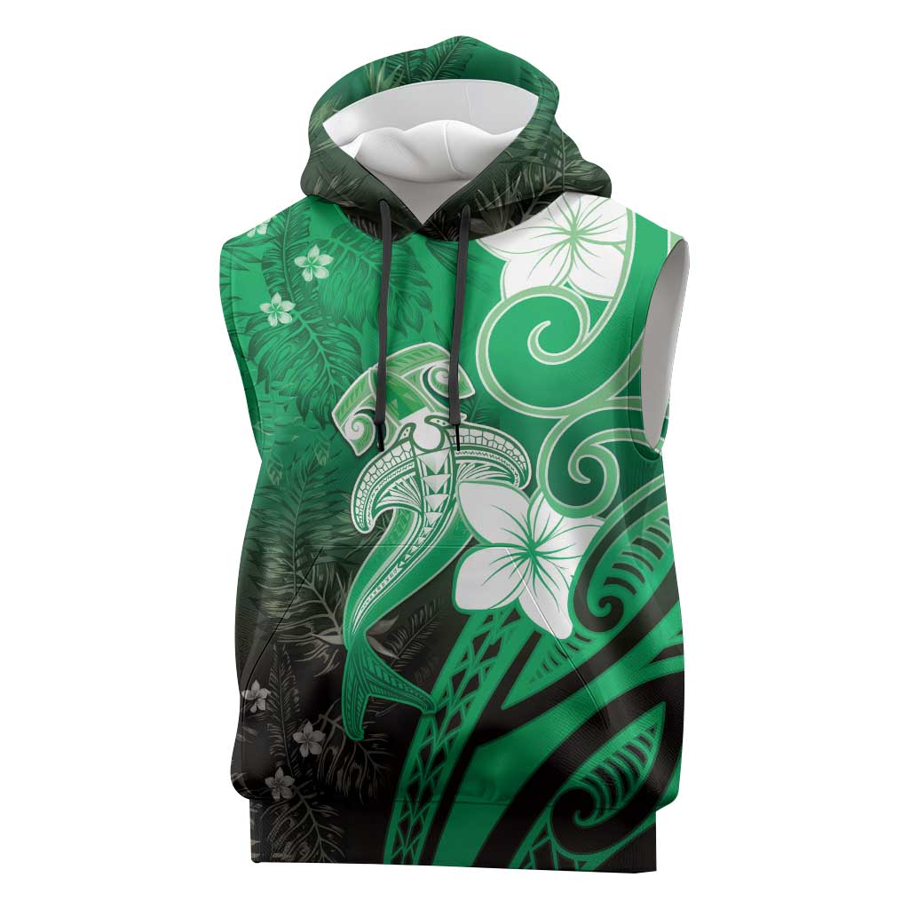 Polynesia Hammerhead Shark Sleeveless Hoodie Green Tribal Pattern With Plumeria LT05 Green - Polynesian Pride