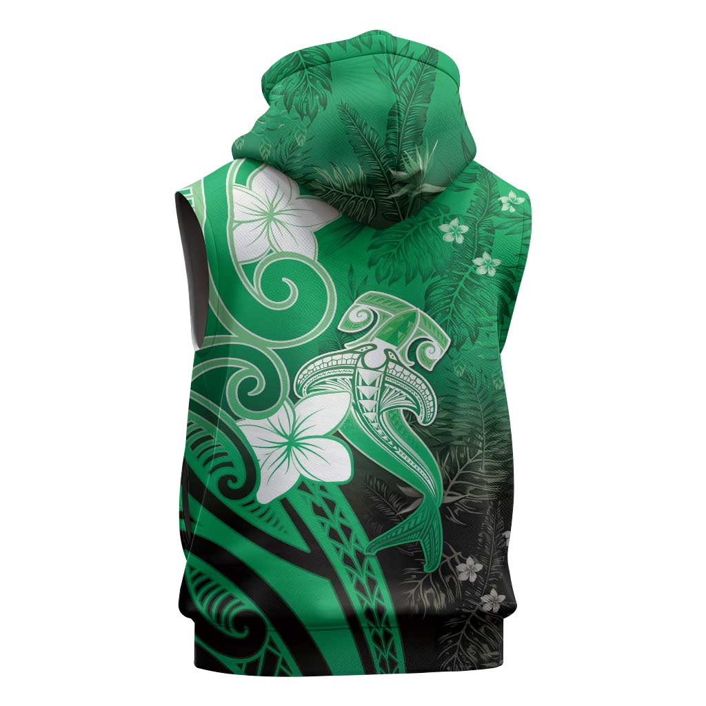 Polynesia Hammerhead Shark Sleeveless Hoodie Green Tribal Pattern With Plumeria LT05 - Polynesian Pride