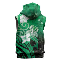 Polynesia Hammerhead Shark Sleeveless Hoodie Green Tribal Pattern With Plumeria LT05 - Polynesian Pride