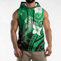 Polynesia Hammerhead Shark Sleeveless Hoodie Green Tribal Pattern With Plumeria LT05 - Polynesian Pride