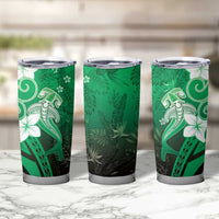Polynesia Hammerhead Shark Tumbler Cup Green Tribal Pattern With Plumeria - Polynesian Pride