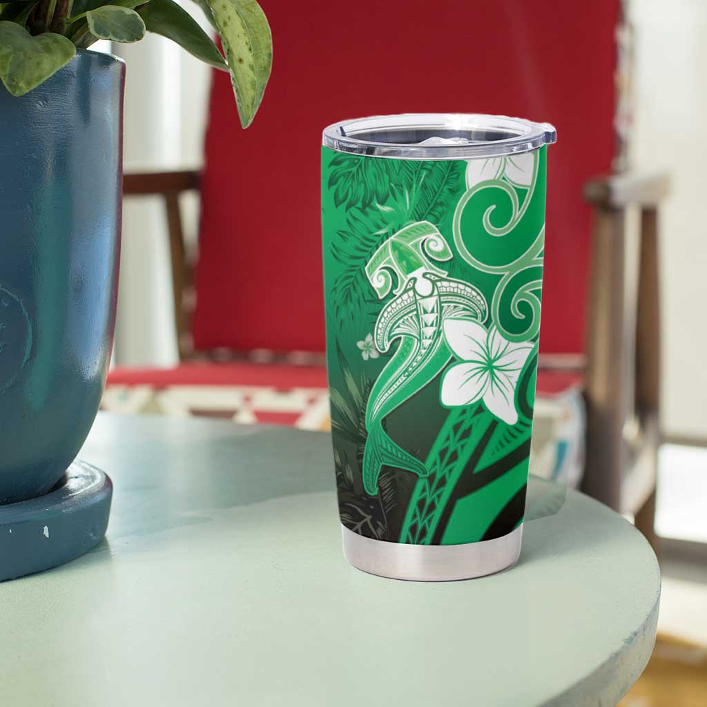 Polynesia Hammerhead Shark Tumbler Cup Green Tribal Pattern With Plumeria - Polynesian Pride