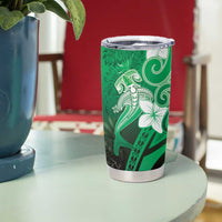 Polynesia Hammerhead Shark Tumbler Cup Green Tribal Pattern With Plumeria - Polynesian Pride