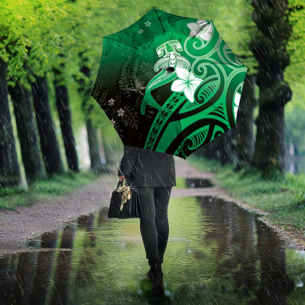 Polynesia Hammerhead Shark Umbrella Green Tribal Pattern With Plumeria LT05 - Polynesian Pride