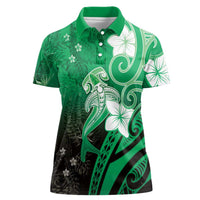 Polynesia Hammerhead Shark Women Polo Shirt Green Tribal Pattern With Plumeria - Polynesian Pride