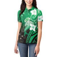 Polynesia Hammerhead Shark Women Polo Shirt Green Tribal Pattern With Plumeria - Polynesian Pride