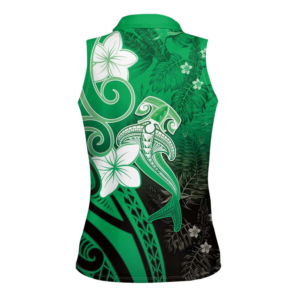 Polynesia Hammerhead Shark Women Sleeveless Polo Shirt Green Tribal Pattern With Plumeria - Polynesian Pride