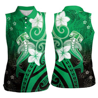 Polynesia Hammerhead Shark Women Sleeveless Polo Shirt Green Tribal Pattern With Plumeria - Polynesian Pride