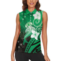 Polynesia Hammerhead Shark Women Sleeveless Polo Shirt Green Tribal Pattern With Plumeria - Polynesian Pride