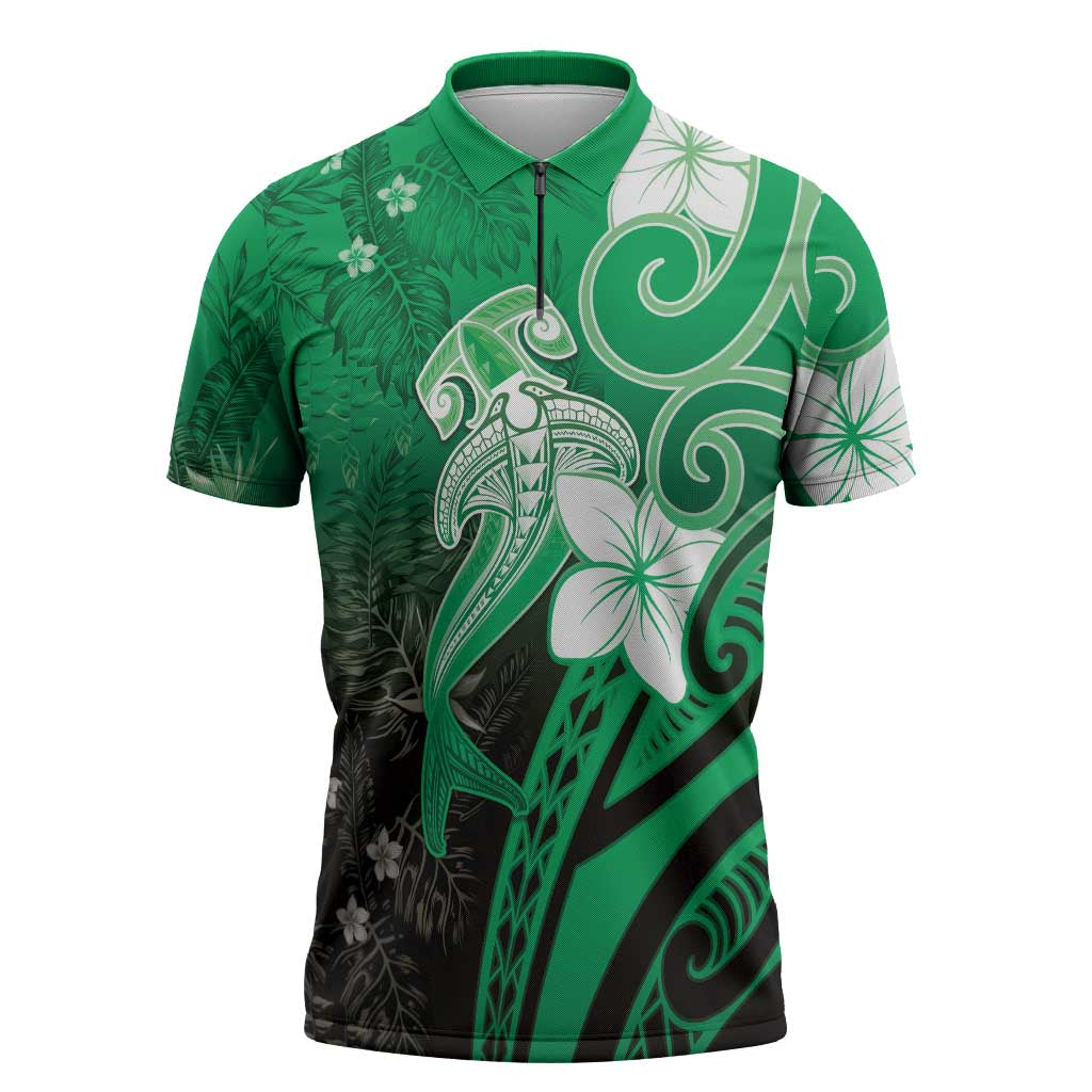 Polynesia Hammerhead Shark Zipper Polo Shirt Green Tribal Pattern With Plumeria - Polynesian Pride