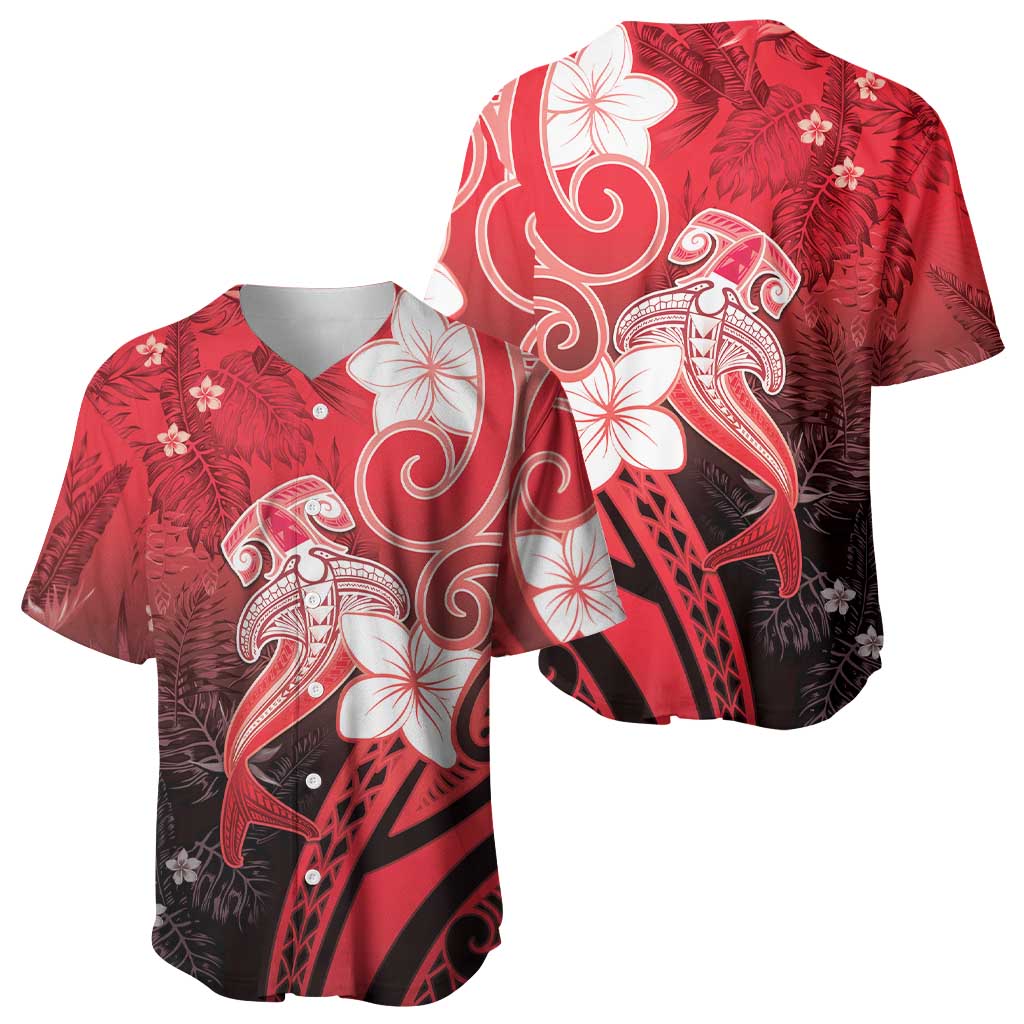 Polynesia Hammerhead Shark Baseball Jersey Red Tribal Pattern With Plumeria - Polynesian Pride