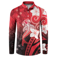 Polynesia Hammerhead Shark Button Sweatshirt Red Tribal Pattern With Plumeria - Polynesian Pride
