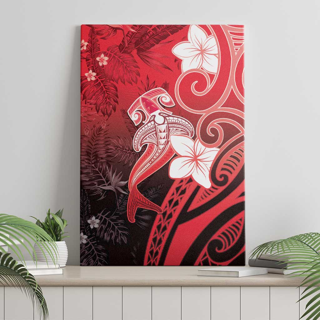 Polynesia Hammerhead Shark Canvas Wall Art Red Tribal Pattern With Plumeria - Polynesian Pride