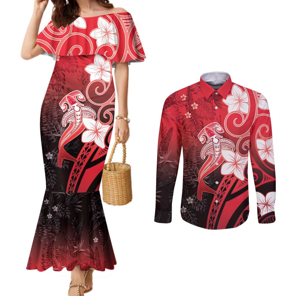 Polynesia Hammerhead Shark Couples Matching Mermaid Dress and Long Sleeve Button Shirt Red Tribal Pattern With Plumeria - Polynesian Pride