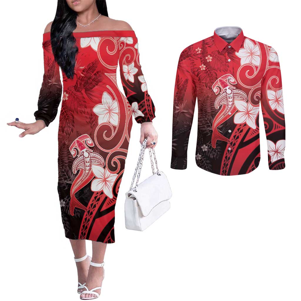 Polynesia Hammerhead Shark Couples Matching Off The Shoulder Long Sleeve Dress and Long Sleeve Button Shirt Red Tribal Pattern With Plumeria LT05 Red - Polynesian Pride