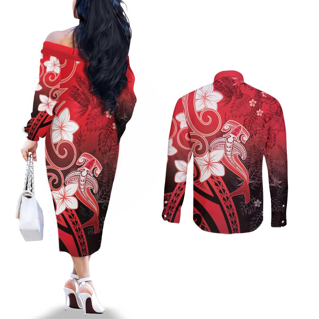 Polynesia Hammerhead Shark Couples Matching Off The Shoulder Long Sleeve Dress and Long Sleeve Button Shirt Red Tribal Pattern With Plumeria LT05 - Polynesian Pride