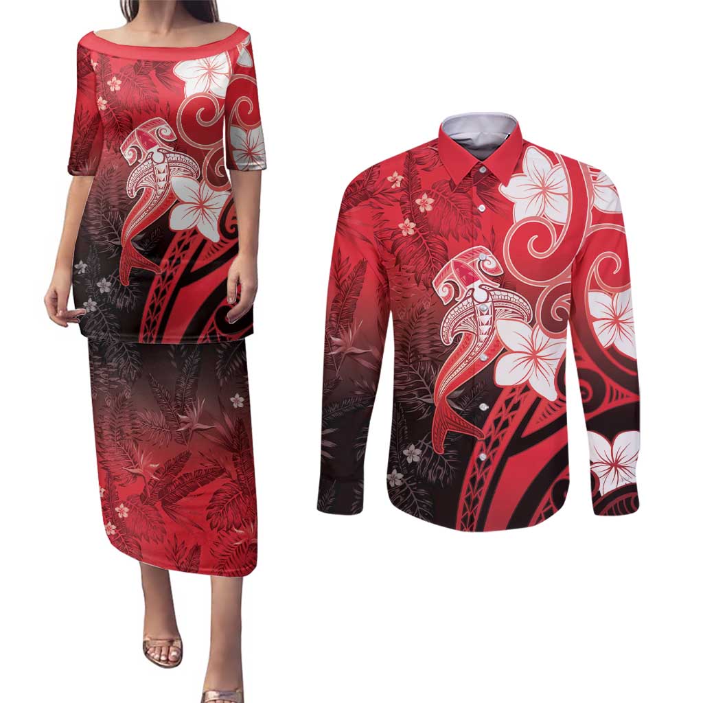 Polynesia Hammerhead Shark Couples Matching Puletasi and Long Sleeve Button Shirt Red Tribal Pattern With Plumeria - Polynesian Pride