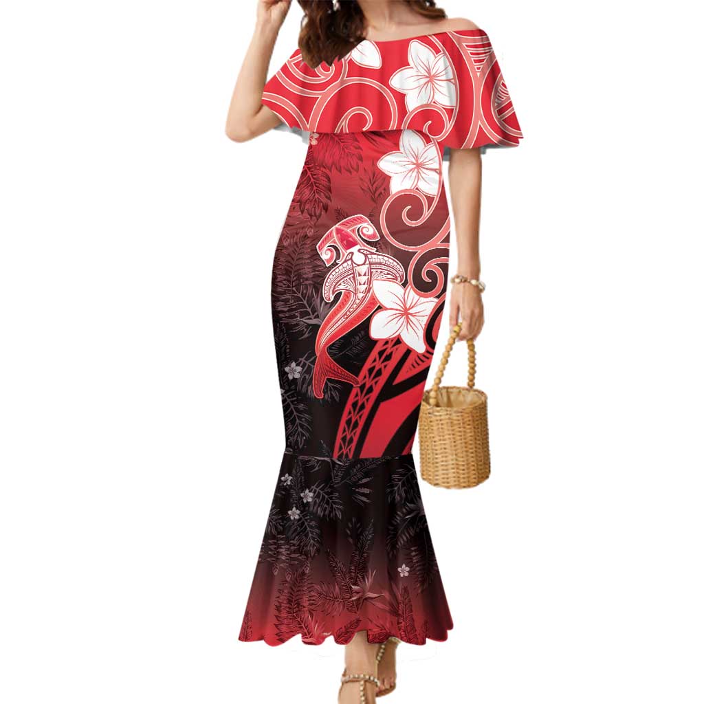 Polynesia Hammerhead Shark Family Matching Mermaid Dress and Hawaiian Shirt Red Tribal Pattern With Plumeria - Polynesian Pride
