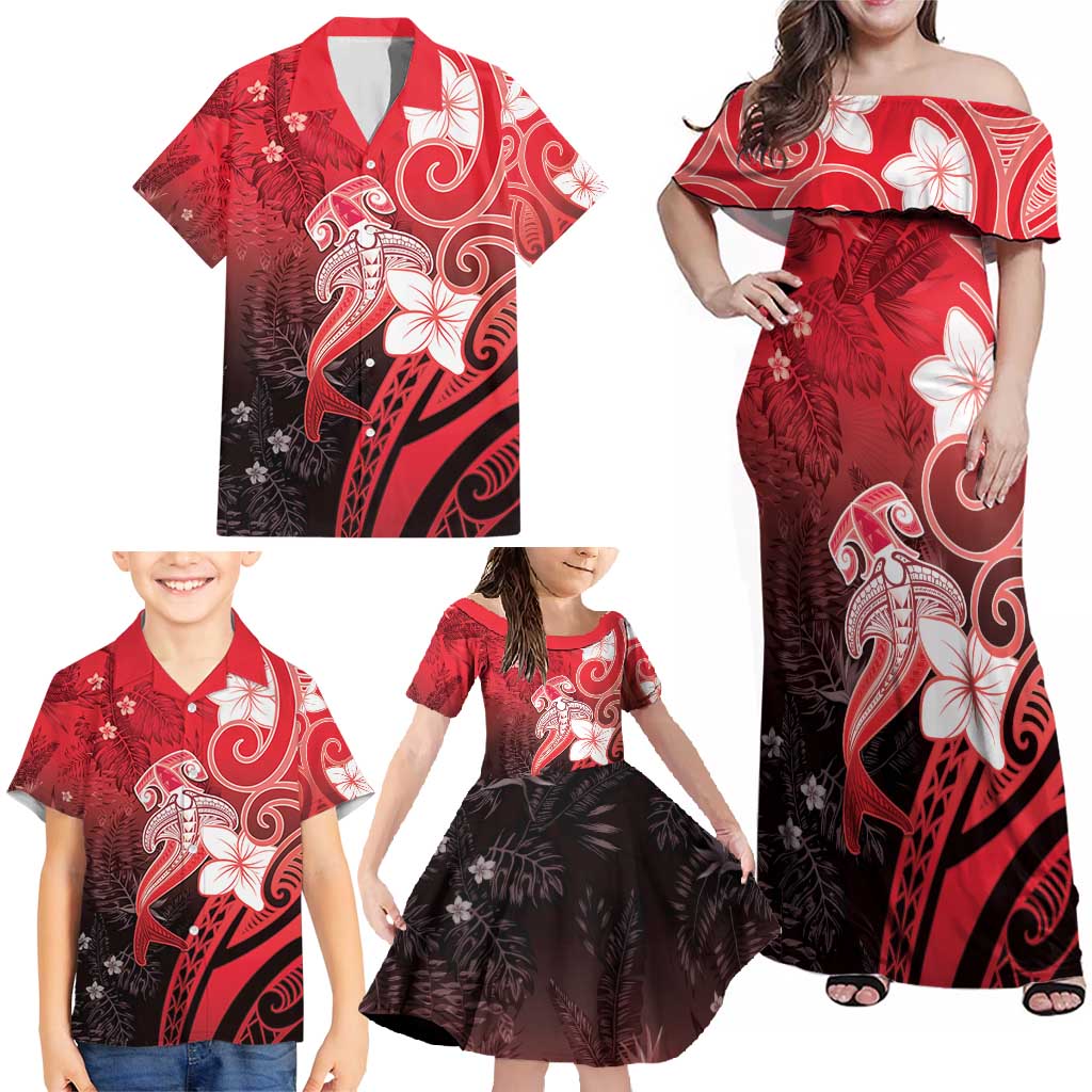Polynesia Hammerhead Shark Family Matching Off Shoulder Maxi Dress and Hawaiian Shirt Red Tribal Pattern With Plumeria LT05 - Polynesian Pride