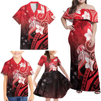 Polynesia Hammerhead Shark Family Matching Off Shoulder Maxi Dress and Hawaiian Shirt Red Tribal Pattern With Plumeria LT05 - Polynesian Pride