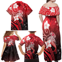 Polynesia Hammerhead Shark Family Matching Off Shoulder Maxi Dress and Hawaiian Shirt Red Tribal Pattern With Plumeria LT05 - Polynesian Pride