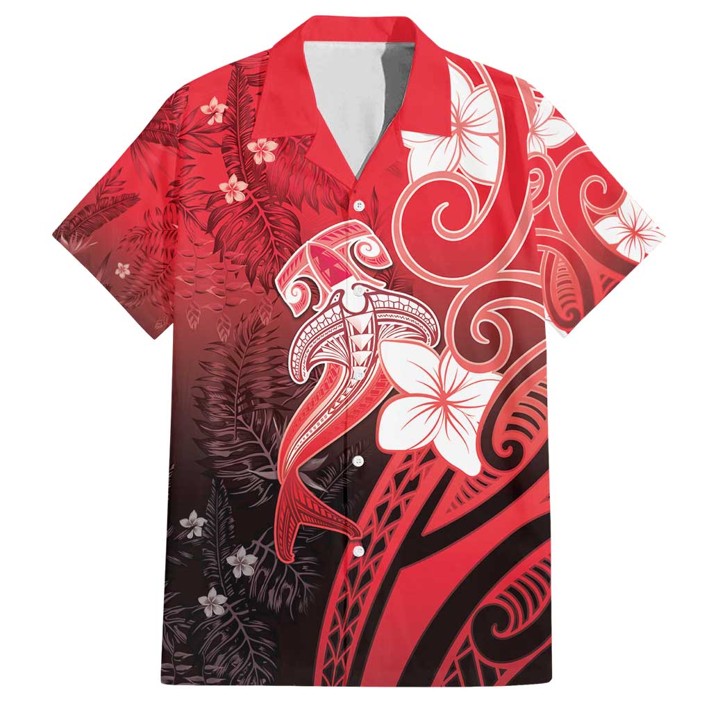 Polynesia Hammerhead Shark Family Matching Off Shoulder Maxi Dress and Hawaiian Shirt Red Tribal Pattern With Plumeria LT05 Dad's Shirt - Short Sleeve Red - Polynesian Pride