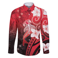 Polynesia Hammerhead Shark Family Matching Off Shoulder Maxi Dress and Hawaiian Shirt Red Tribal Pattern With Plumeria LT05 Dad's Shirt - Long Sleeve Red - Polynesian Pride