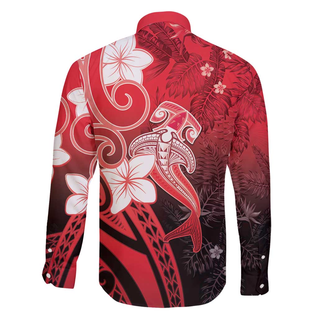 Polynesia Hammerhead Shark Family Matching Off Shoulder Maxi Dress and Hawaiian Shirt Red Tribal Pattern With Plumeria LT05 - Polynesian Pride