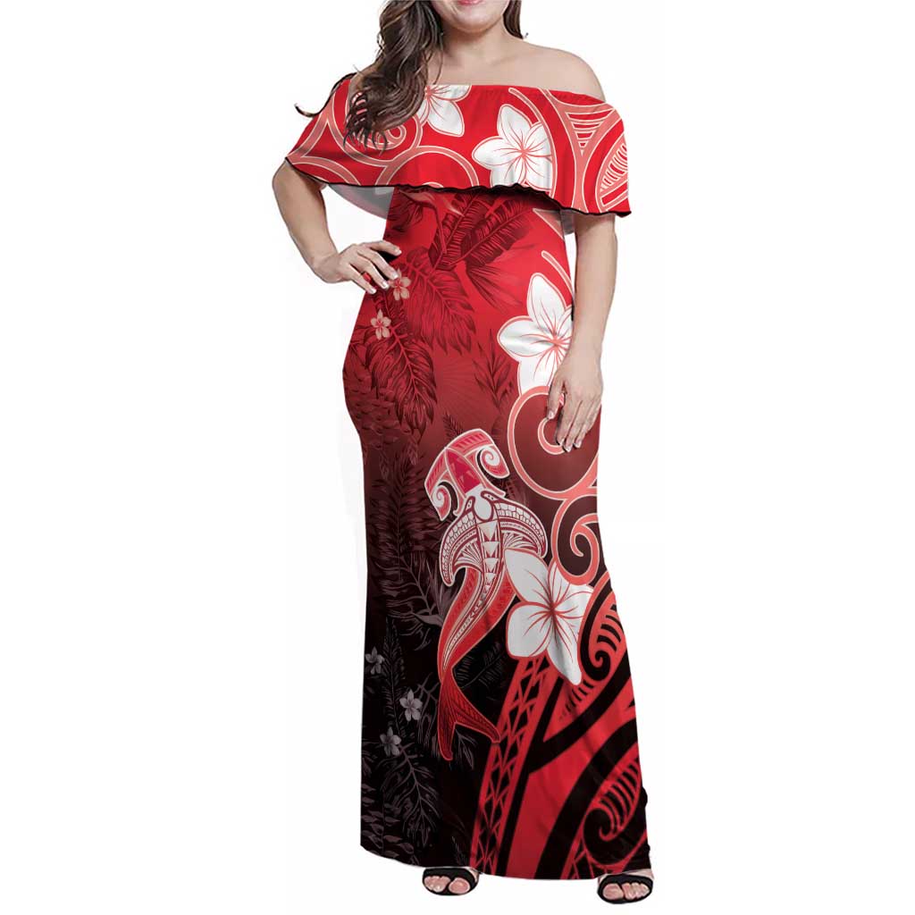 Polynesia Hammerhead Shark Family Matching Off Shoulder Maxi Dress and Hawaiian Shirt Red Tribal Pattern With Plumeria LT05 Mom's Dress Red - Polynesian Pride