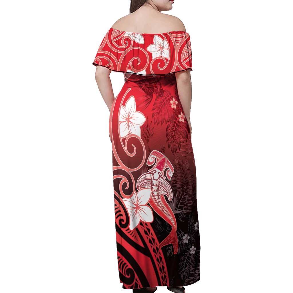 Polynesia Hammerhead Shark Family Matching Off Shoulder Maxi Dress and Hawaiian Shirt Red Tribal Pattern With Plumeria LT05 - Polynesian Pride