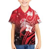 Polynesia Hammerhead Shark Family Matching Off Shoulder Maxi Dress and Hawaiian Shirt Red Tribal Pattern With Plumeria LT05 Son's Shirt Red - Polynesian Pride