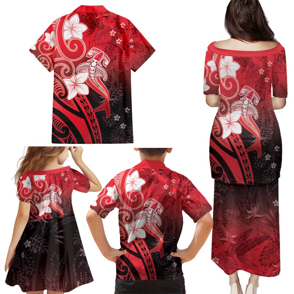 Polynesia Hammerhead Shark Family Matching Puletasi and Hawaiian Shirt Red Tribal Pattern With Plumeria - Polynesian Pride