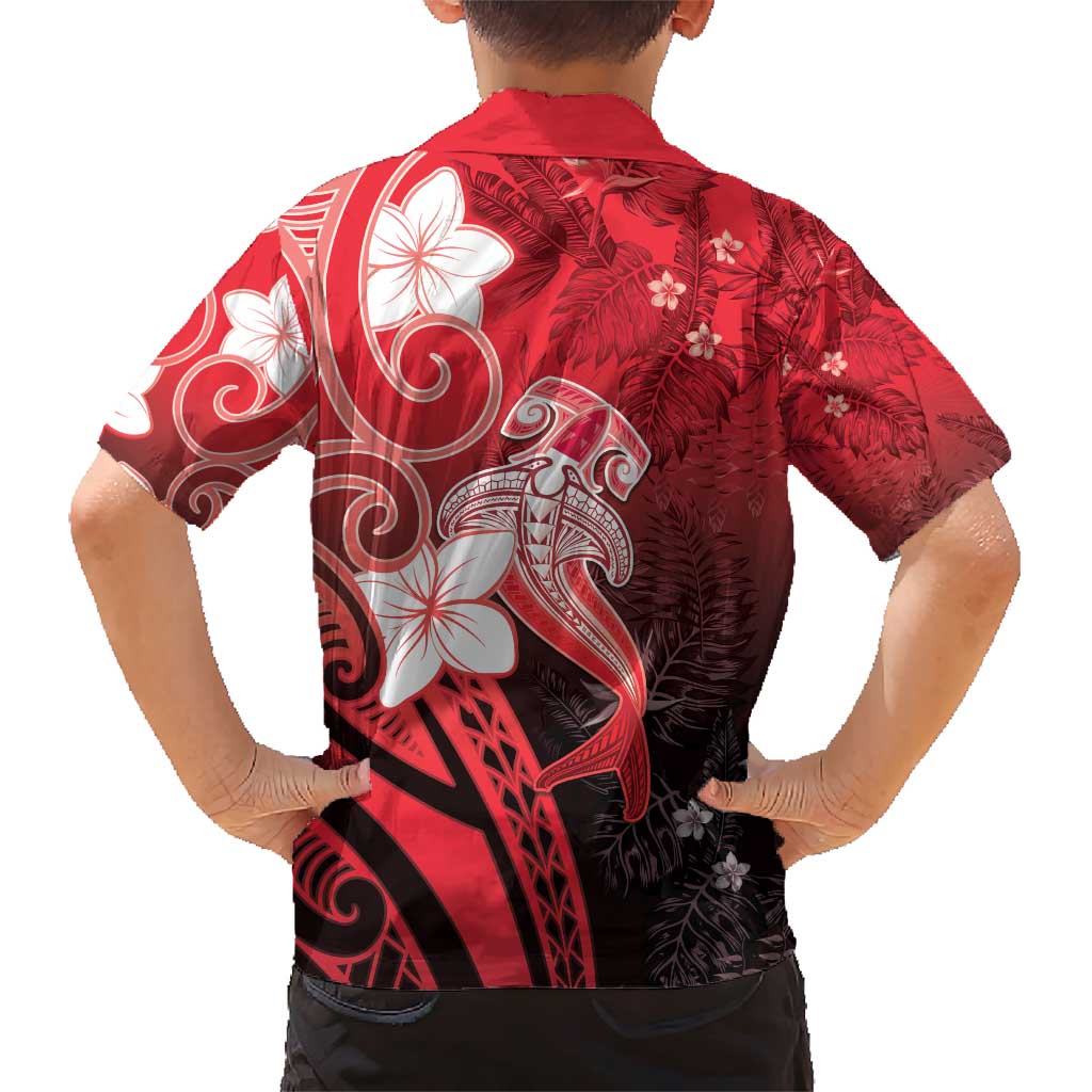 Polynesia Hammerhead Shark Family Matching Short Sleeve Bodycon Dress and Hawaiian Shirt Red Tribal Pattern With Plumeria LT05 - Polynesian Pride