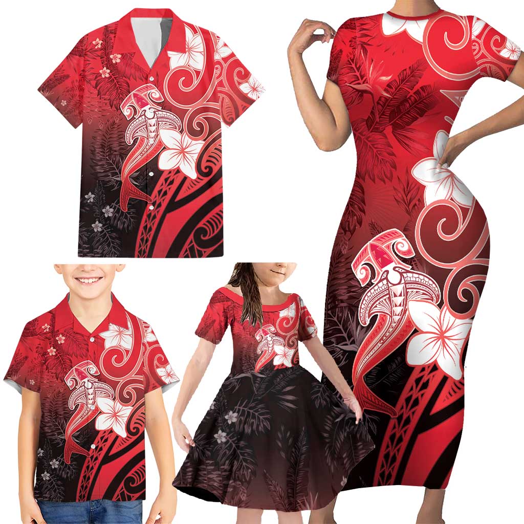 Polynesia Hammerhead Shark Family Matching Short Sleeve Bodycon Dress and Hawaiian Shirt Red Tribal Pattern With Plumeria LT05 - Polynesian Pride