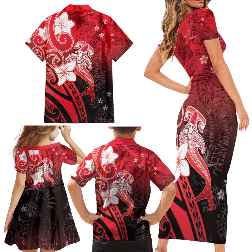 Polynesia Hammerhead Shark Family Matching Short Sleeve Bodycon Dress and Hawaiian Shirt Red Tribal Pattern With Plumeria LT05 - Polynesian Pride